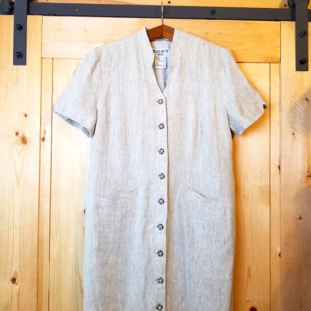 Vintage Plaza South Petite Linen Button Front Short Sleeve Shift Dress